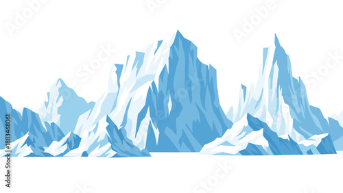 Beautiful landscape of jagged blue icebergs floating in a cold arctic sea under a bright white sky during the winter season.