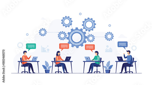 Business team collaborating on a project with gears representing synchronization and efficient workflow management.