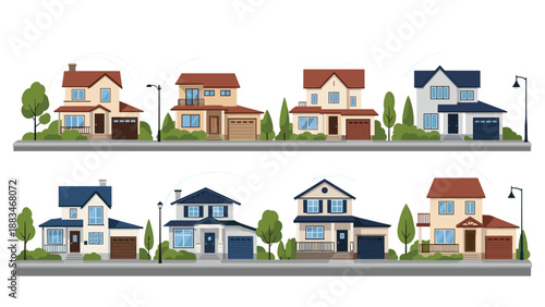 Set of diverse modern suburban residential houses with different architectural styles garages and small gardens.