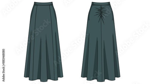 Technical flat sketch of a long flowing skirt with gathered back detail for fashion design illustration