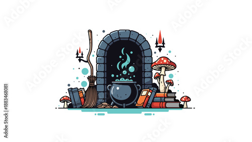 Magical scene featuring a bubbling cauldron inside a stone fireplace surrounded by spell books and poisonous mushrooms.
