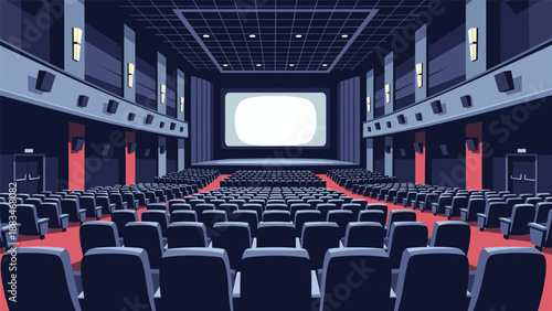 Interior view of a large empty movie theater with many rows of blue seats facing a wide blank cinema screen in the dark.