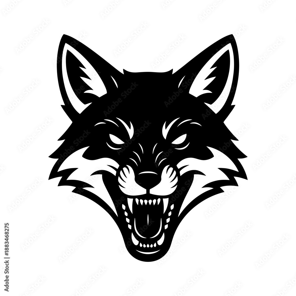Obraz premium Wolf head mascot vector illustration of a fierce wild animal face in bold tribal black style suitable for logo, tattoo, wildlife icon design, hoary fox