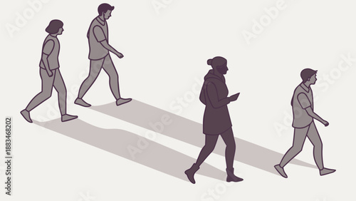 Digital identity concept with four people walking in a line representing individuality and social interaction in a modern technological world