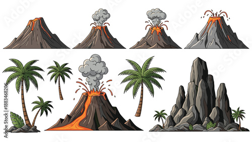Dramatic scene of erupting volcanoes with lava and smoke clouds surrounded by tropical palm trees and rock formations.