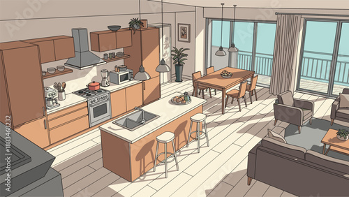 Spacious modern open plan kitchen and living room interior with contemporary furniture and large glass windows.