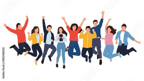 Group of happy young people jumping in the air together celebrating success and freedom on a white background.