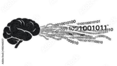 halftone brain with binary code streaming out to the right side