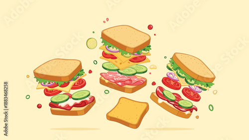Exploded view of various sandwich ingredients including bread lettuce tomato cheese and meat floating in the air.