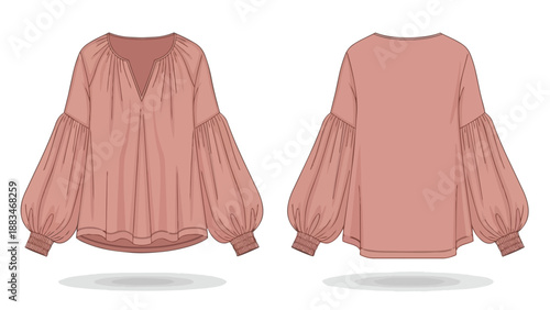 Detailed vector illustration of a chic women's rose-pink blouse, featuring an elegant V-neckline and stylish voluminous balloon sleeves with fitted