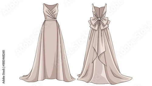 Sophisticated gown illustration featuring front and back views, highlighting a refined wrap bodice and an elaborate bow detail on the cascading train