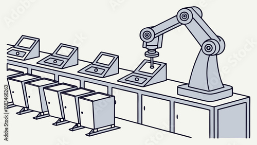 Automated office workstation with robotic arm interacting with computer terminals on a long desk in a modern industrial setting with gray background