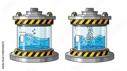 Pair of high tech laboratory containers with bubbling blue liquid representing scientific experiments or energy research.