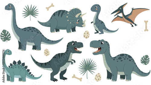 Collection of cute cartoon dinosaurs including Tyrannosaurus Rex and Triceratops with prehistoric leaves, eggs, and bones on white background.