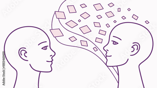 Two people sharing thoughts as glowing purple paper sheets float between them in air