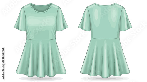 A charming mint green dress with stylish flutter sleeves and a gracefully flared skirt, shown from both the front and back for detailed apparel