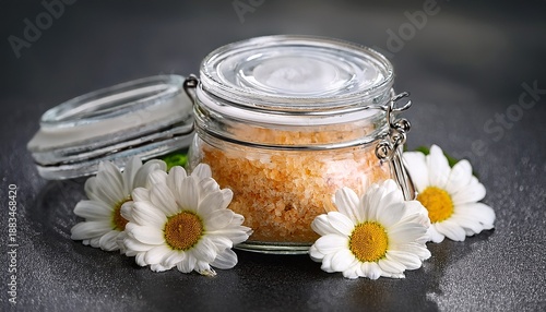 Natural Spa Ingredients Close Up Of Exfoliating Salt Scrub In Glass Jar Surrounded By Fresh White Daisies On Dark Surface For Relaxation And Pampering