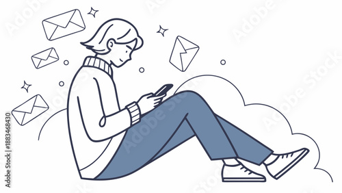 Person sitting overwhelmed by emails and messages on phone in a peaceful setting