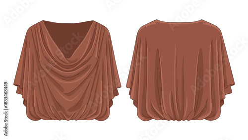 Elegant brown cowl neck top fashion illustration showcasing front and back views with gracefully draped fabric isolated on a pristine white