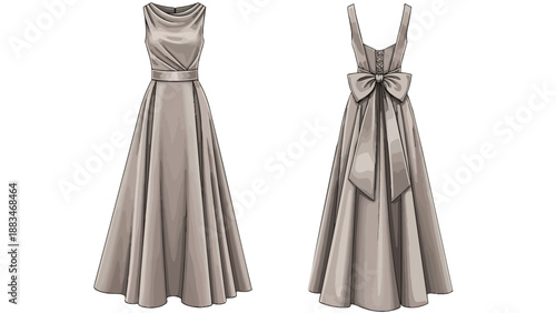 Sophisticated long dress design illustration showcasing a graceful cowl neck and an elegant bow tied securely at the back, embodying timeless