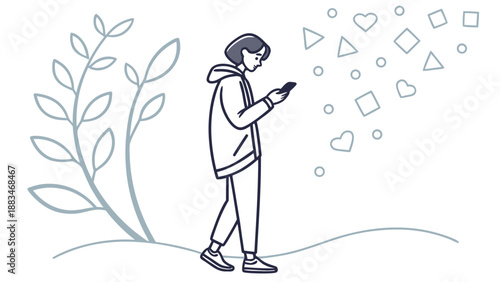 Person experiencing information overload while walking and using smartphone outdoors
