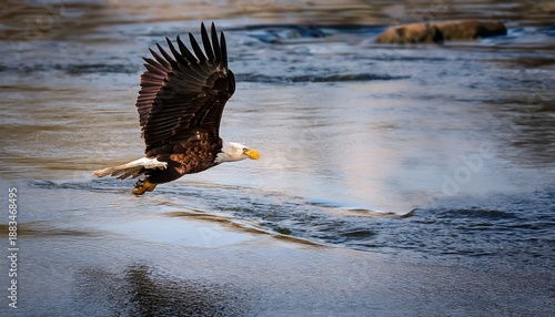 Bald Eagle Soaring Over River