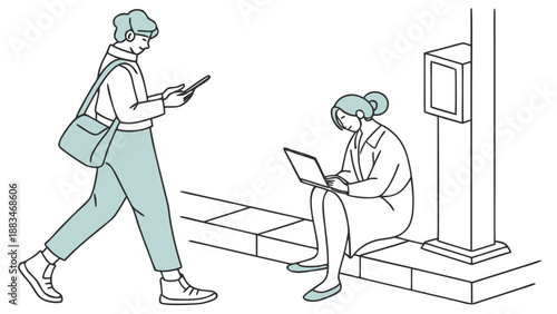 People using devices on city street with futuristic technology and urban background