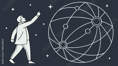 Man interacting with quantum communication network diagram in space with stars