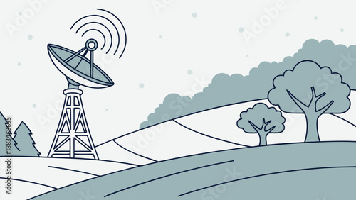 Smart silence concept technology illustrated as quiet landscape with satellite dish antenna emitting signal in serene natural environment with rolling hills and trees