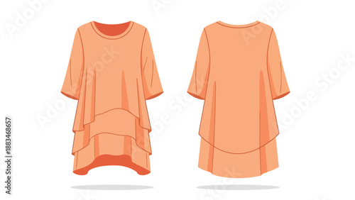 Flowy tiered peach tunic top flat vector illustration. Women's casual fashion garment design. Relaxed fit blouse with ruffled layers, front and back