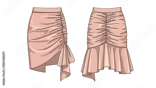 Contemporary blush pink ruched skirt designs with distinct ruffled hems for elegant fashion illustration and apparel patterns, showcasing diverse
