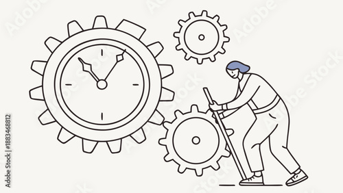Person turning gears with clock face symbolizing time management and productivity in a minimalist line art style