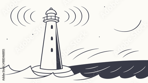 Minimalist black and white illustration of a lighthouse standing tall amidst turbulent sea waves and emitting signal light beams in the night sky symbolizing guidance and safety