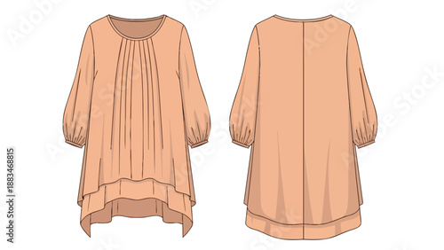 A detailed fashion flat sketch showcasing a peachy-toned tunic with elegant pintucks and a layered hem design