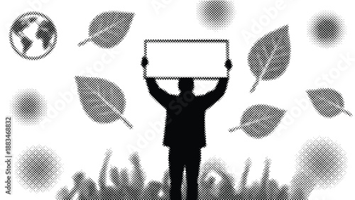 man holding sign surrounded by leaves and earth symbol in halftone style for ecology or environment concept