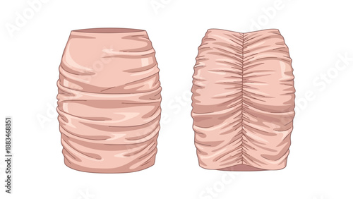 This vibrant illustration showcases a meticulously detailed front and back perspective of a trendy, light pink ruched mini skirt design, perfect for
