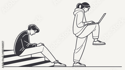 People waiting patiently with laptops illustrating technology and patience concept with loading bar