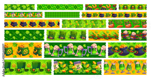 Washi tape green adhesive pieces with St Patrick s holiday decorations. Scrapbooking stickers, adhesive washi vector tape with Ireland Saint Patrick day clover, beer, leprechaun hat, shoes and gold
