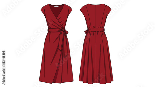 Elegant deep red midi wrap dress technical flat sketch showcasing front and back views with detailed cap sleeves and bow tie waist for fashion