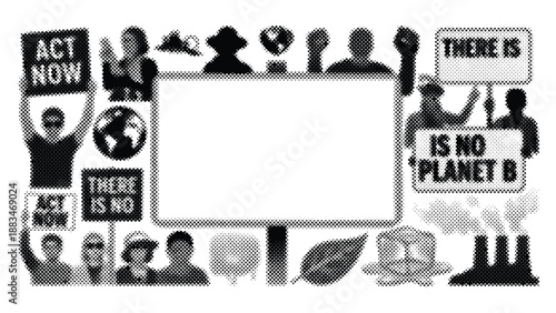 Environmental awareness campaign graphics with people holding protest signs and eco friendly symbols