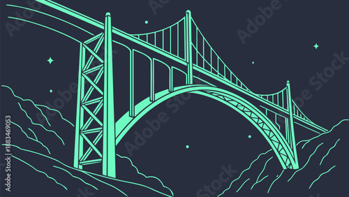 Glowing turquoise suspension bridge under starry night sky with dark mountains symbolizing technology and trust
