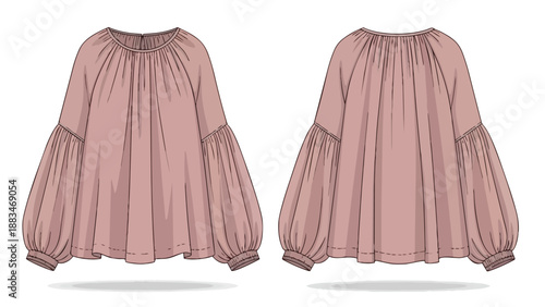 Fashion flat technical drawing of a chic women blouse with voluminous gathered sleeves and a relaxed fit this versatile top is ideal for