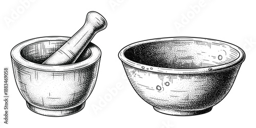 Mortar and pestle vector illustration with ceramic bowl in traditional woodcut sketch art