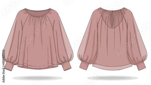 Fashion illustration of a stylish women's dusty pink blouse featuring a gathered neckline and elegant balloon sleeves with cuffs offering a