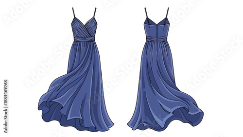 Elegant blue flowing evening gown design illustration, showcasing front and back views of a gracefully draped fashion apparel sketch perfect for