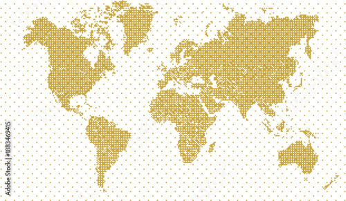 Golden world map on dotted background with grid texture overlay