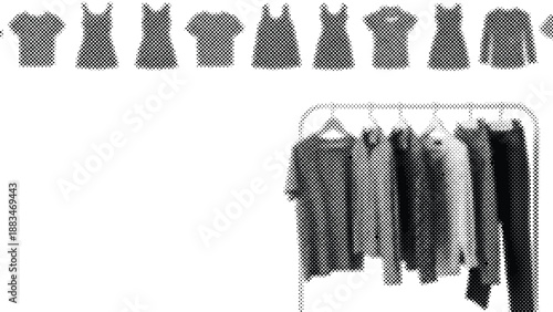 Collection of various clothing items on hangers and laid out  assorted shirts and dresses