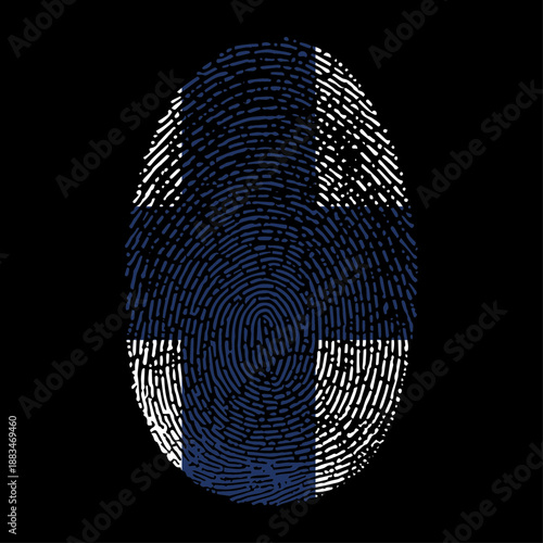 Finland flag vector illustration in fingerprint shape. National Finnish flag as a symbol of patriotism, identity and pride on black background.