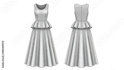 An elegant fashion illustration of a sleeveless maxi dress featuring a chic peplum waist design, front and back views for refined garment creation
