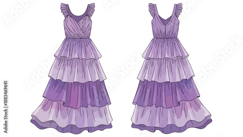 Captivating purple tiered gown design featuring a harmonious blend of ruffles and elegant layers for sophisticated apparel showcasing grace and style